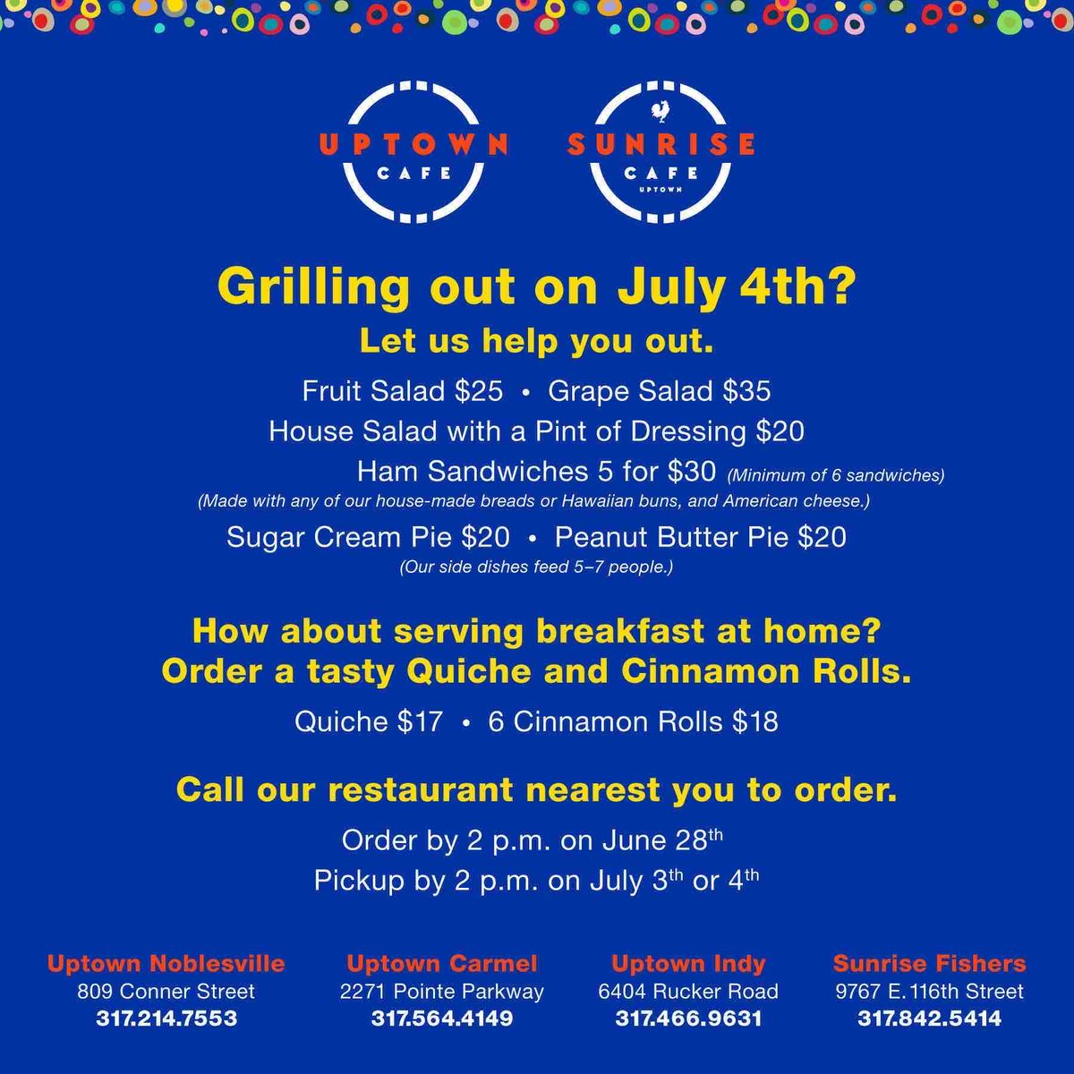 Grilling on July 4th? Let us help you out. 

Order freshly prepared sides, sandwiches, and desserts from our restaurant nearest you.  

#july4th #independenceday #bbq #eatlocal