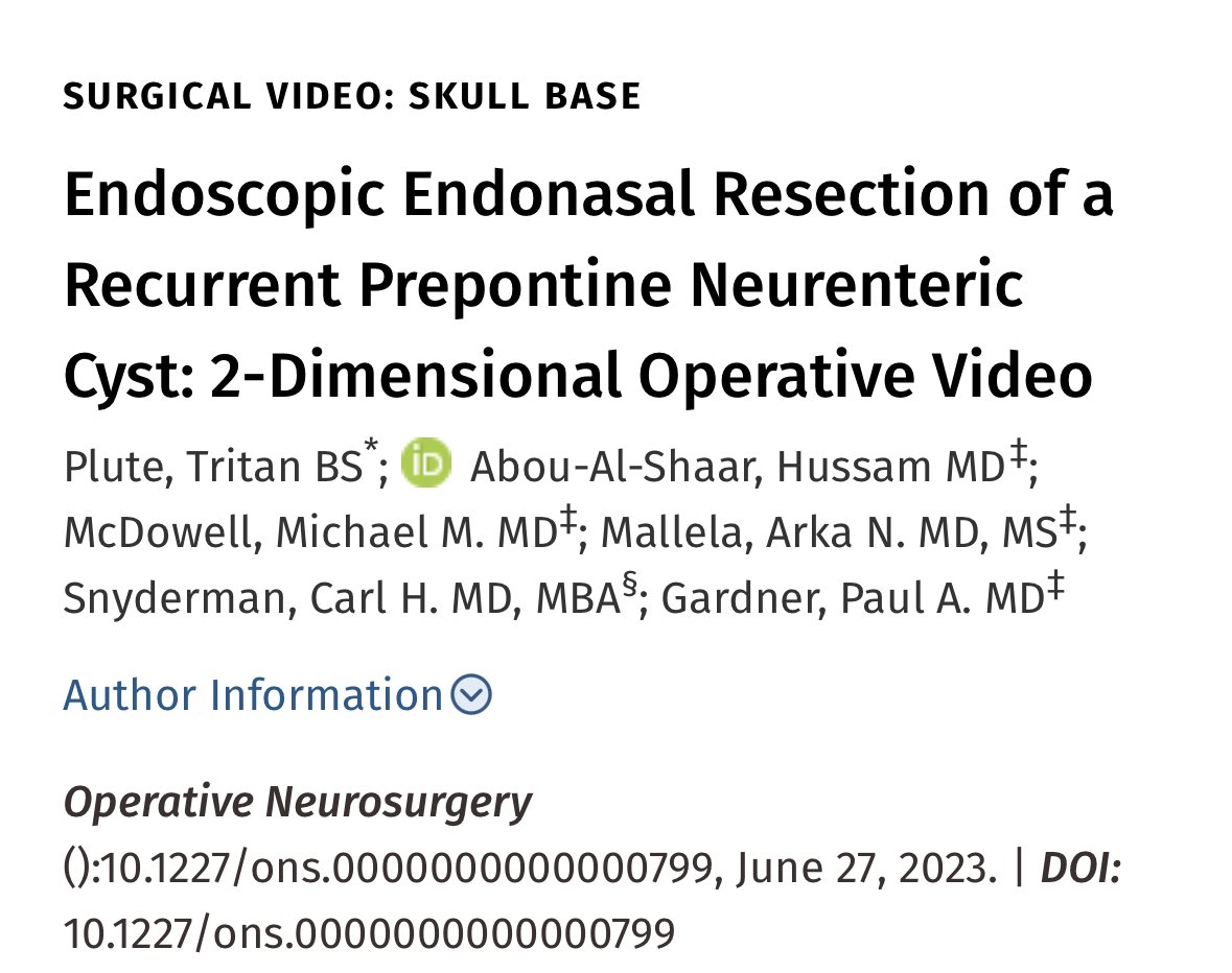 Happy to see this published today. One of my first projects with <a href="/PittNeurosurg/">Pitt Neurosurgery</a> and <a href="/haboualshaar/">Hussam Abou-Al-Shaar</a> and have been fortunate enough to get increasingly involved in research ever since. #Neurosurgery