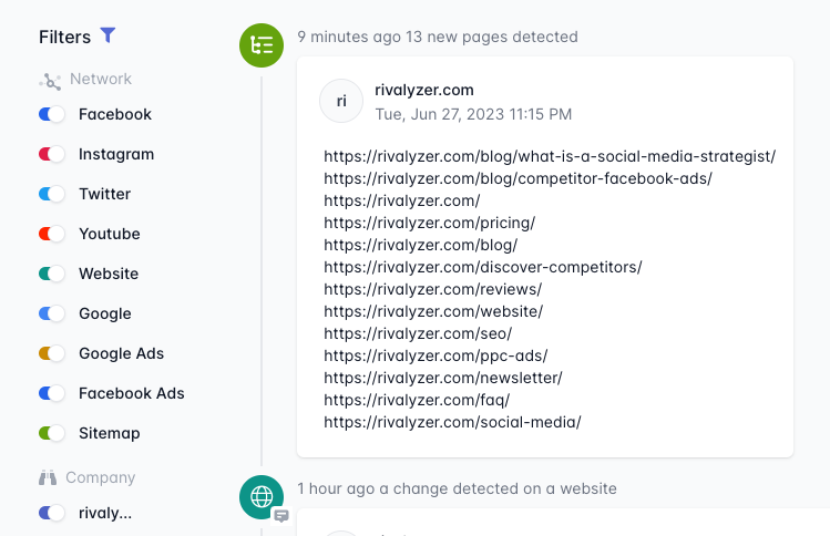 rivalyzer's tweet photo. 📟 Ever wondered how to know if a website published some new subpages? ❓ One of the more unique features of Rivalyzer is the ability to notify you when one of your competitors adds new pages to their website 👏 
#competitiveintelligence #competitor #business #saas https://t.co/SlHFswmUrO