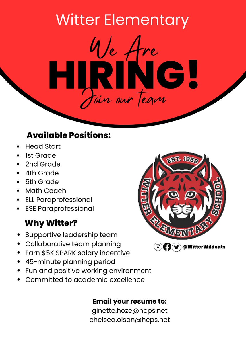 WitterWildcats's tweet photo. We’re looking for dynamic staff members to join our Wildcats family for the 2023-2024 school year! https://t.co/nb0sGvQnBR