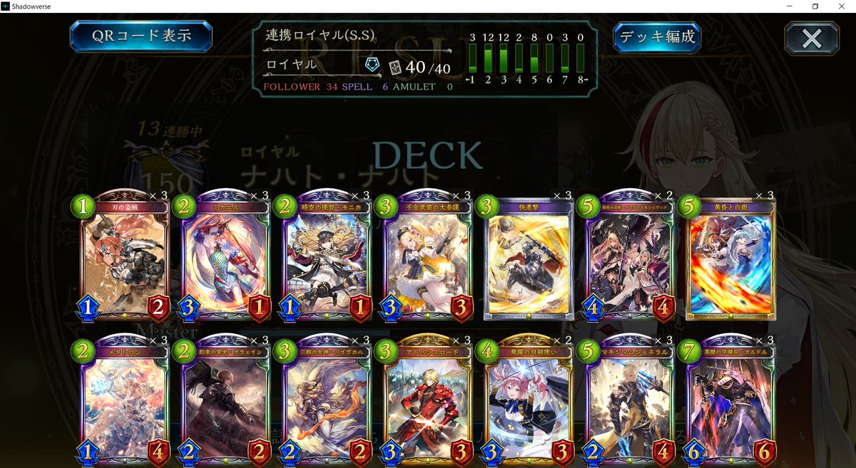 royalShadowvers's tweet image. ようやく折り返し！ &amp;amp; 13連勝！
前よりの連携ロイヤルはリソース不足に悩まされたので、後ろ寄り構築に落ち着きました。
ガルドルオリヴィエ大参謀で耐えて疾走で〆るゲームプラン。

刃の盗賊がいぶし銀カードでした。
・序盤の除去
・6tマキマ大参謀進化

今日明日はガッツリシャドバやります。