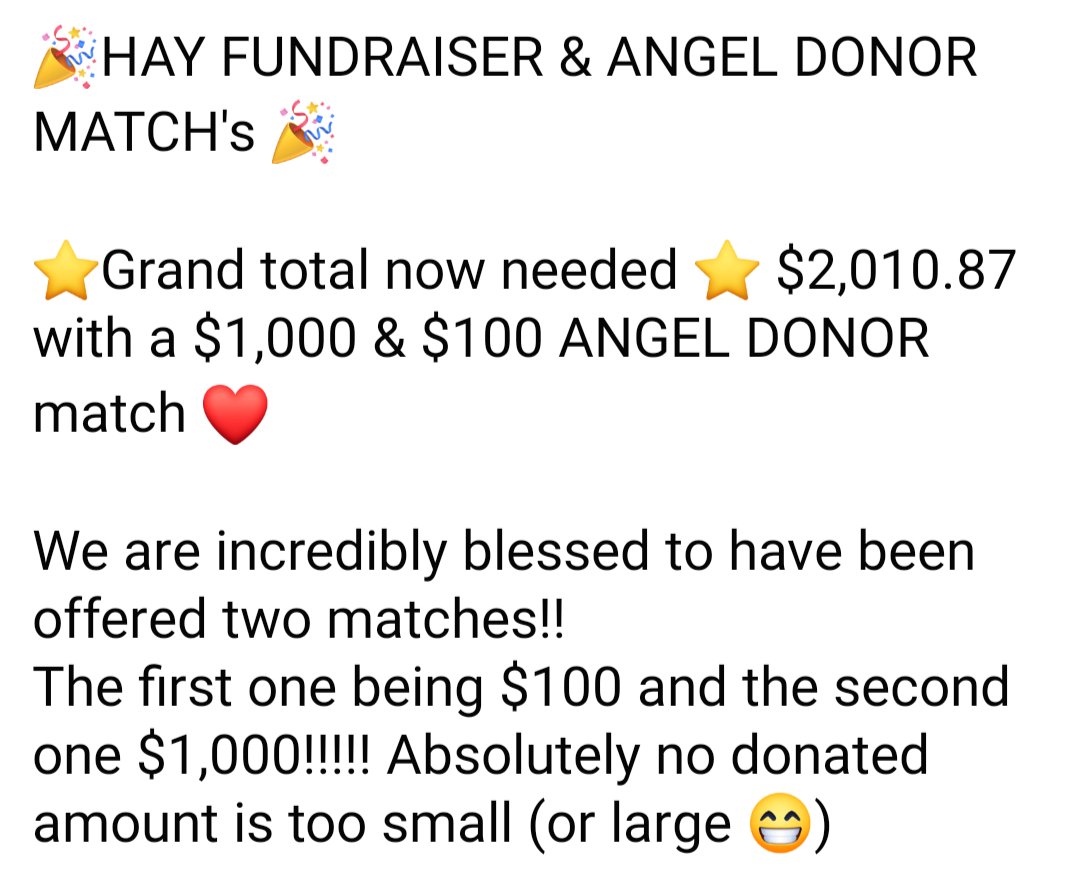 🎉HAY FUNDRAISER & ANGEL DONOR MATCH'S🎉

PLEASE read attachment and help us meet these matches!! 

paypal.me/PRRHorseRescue 

cash.app/$PRRHorseRescue 

Venmo
@PalominoRidgeRanchHorseRescue 

Or our website (donations accepted) 
PalominoRidgeRanchHorseRescue.org

#donate #rescuedhorses