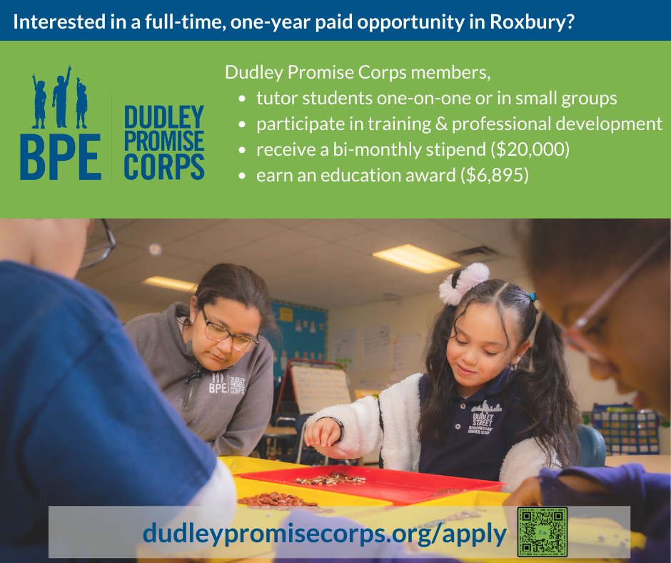Dudley Promise Corps (@dudleypromise) on Twitter photo <a href="/DudleyPromise/">Dudley Promise Corps</a> is a full-time, one-year #americorps program. Corps members serve in one of <a href="/BPE_Boston/">BPE</a>'s Teaching Academies, <a href="/DearbornSTEM/">Dearborn STEM</a> <a href="/DSNCS/">DSNCS</a>.
Support Boston students and explore your career options.
Learn more and apply today: dudleypromisecorps.org/apply <a href="/DudleyPromise/">Dudley Promise Corps</a> is a full-time, one-year #americorps program. Corps members serve in one of <a href="/BPE_Boston/">BPE</a>'s Teaching Academies, <a href="/DearbornSTEM/">Dearborn STEM</a> <a href="/DSNCS/">DSNCS</a>.
Support Boston students and explore your career options.
Learn more and apply today: dudleypromisecorps.org/apply