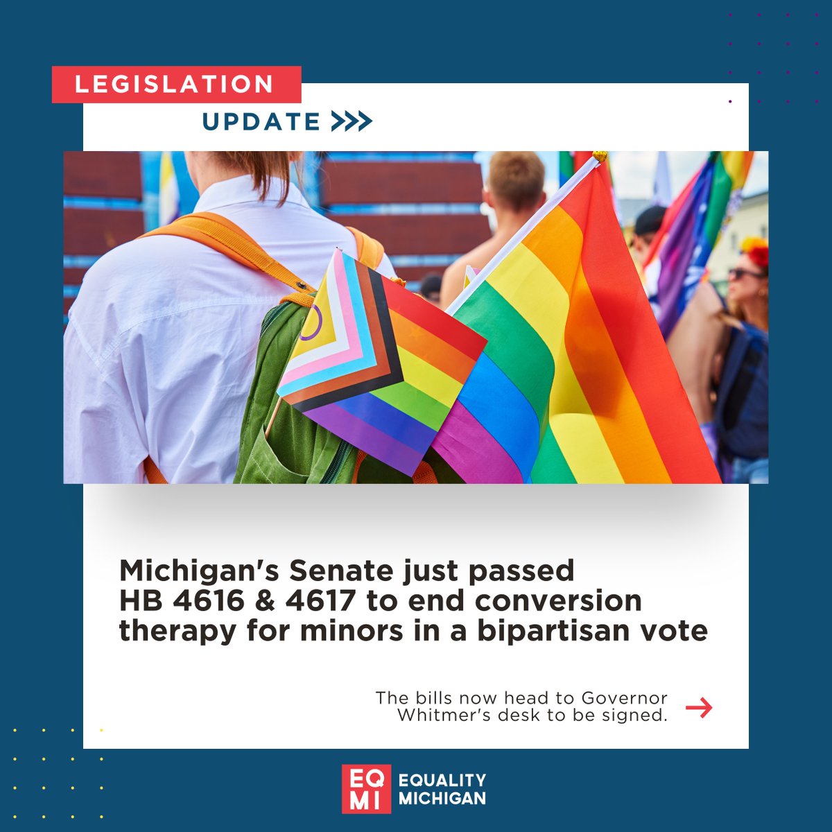 We are thrilled to share that Michigan's Senate passed House Bills 4616 and 4617, prohibiting state-licensed providers from engaging in conversion “therapy” with minors. The bill is now heading to Governor Whitmer's desk for her signature.