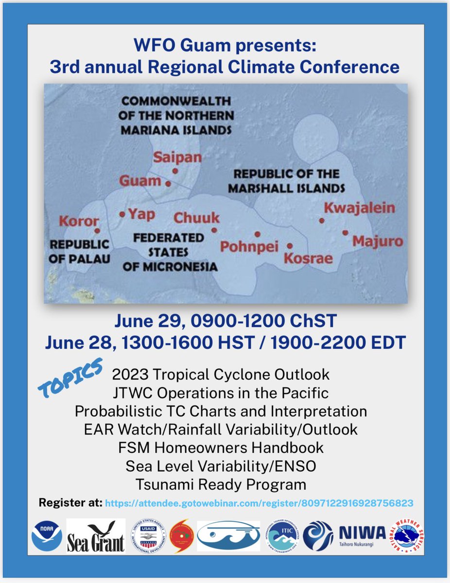 pacificcasc's tweet photo. TOMORROW: Interested in learning more about the state of climate and weather in Micronesia? Register for WFO Guam’s Regional Climate Conference!

Thursday, June 29 | 9 a.m. - 12 p.m. (CHST)
Wednesday, June 28 | 1 p.m. - 4 p.m. (HST)

Register: https://t.co/UBPWQKEk8D https://t.co/BTLOdXDR6x