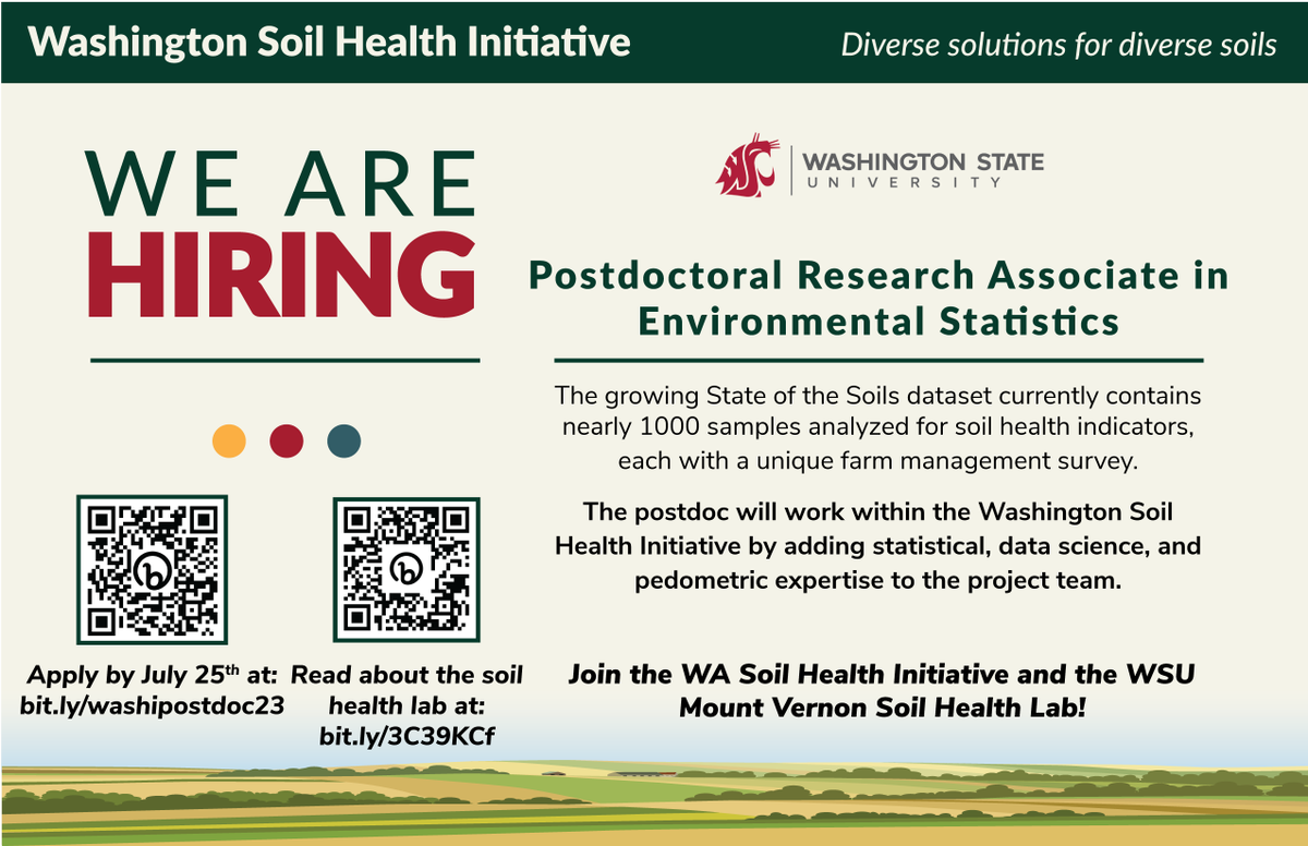 Washington State University is hiring an Environmental Statistics Postdoc to work on the WaSHI State of the Soils Assessment dataset.
Apply by July 25th: bit.ly/washipostdoc23