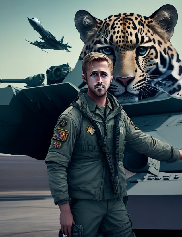 World_isYours's tweet photo. Раян Гослинг на фоне танка Леопард2 и F16 выглядит вот так: https://t.co/FZ3nobyZsD