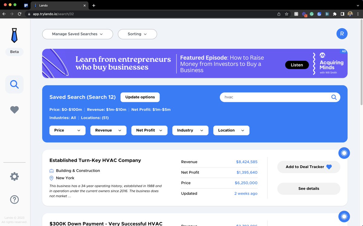 How to find listed businesses for sale 🔍 (hint: it's not just using BizBuySell)  

1. Get a free beta account at [link in thread] 
2. Start a new search for your target industry 
3. Filter and track deals that you like  

That's it ✅