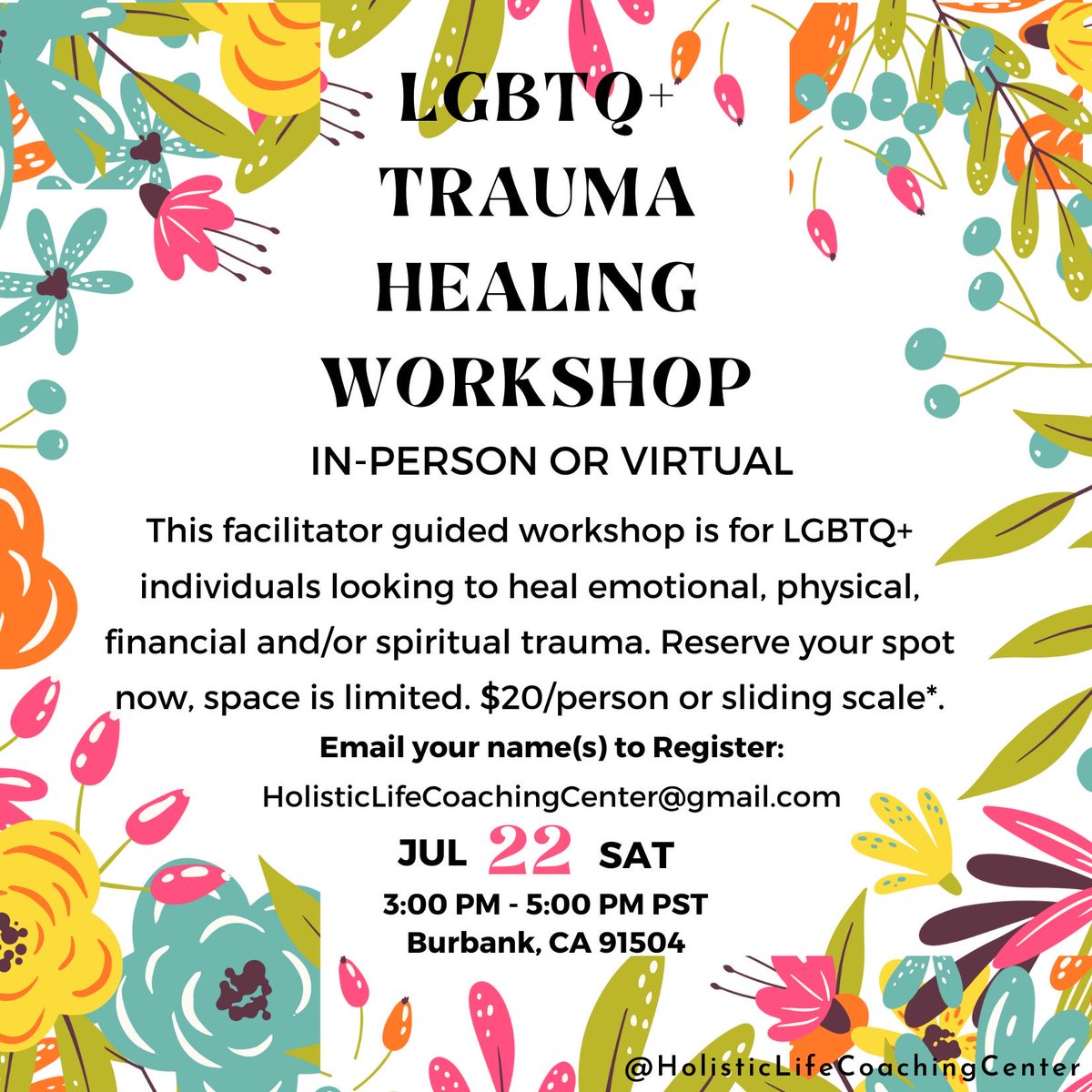 Saturday July 22, 2023, 3PM - 5 PM PST

Cost: $20 per person *Sliding Scale options available, ask during registration*

Indicate virtual or in-person and email your name(s) to Register:
HolisticLifeCoachingCenter@gmail.com

Luis Rosales, HLC
@HolisticLifeCoachingCenter