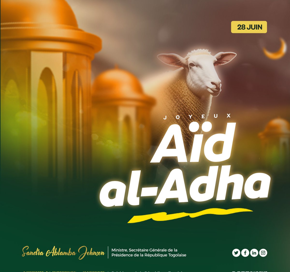 À toute la communauté musulmane togolaise et du reste du monde, recevez tous mes vœux de bonheur et de santé. 
Que ce jour marquant le renouveau dans votre engagement à vous soumettre pleinement à la volonté d’Allah Le Tout Miséricordieux,
#Tabaski