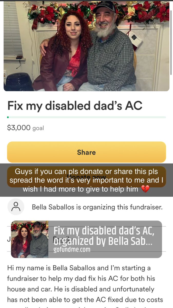 lucidandfree's tweet image. I started a gofundme me for my disabled dad who’s currently without working AC in this awful Texas heat and would really really appreciate sharing this or donating anything if possible is greatly appreciated 🥹💔

gofund.me/59e3d55d