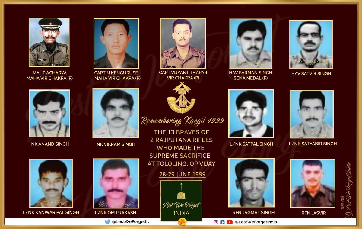 #RememberingKargil   
Twenty-four yrs ago, these 13 #IndianBraves of 2nd Battalion #RajputanaRifles etched their moment of glory at #Tololing on 28-29 June in 1999 during #OpVijay 
#LestWeForgetIndia🇮🇳 The valour & supreme sacrifice of 2 RAJ RIF Braves who laid down their lives