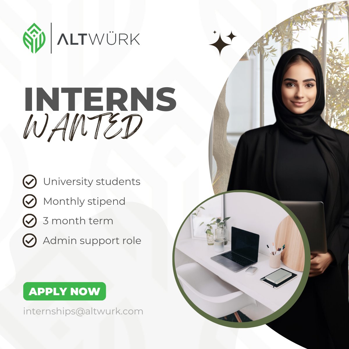 📢 Calling all UAE University Students! 🇦🇪

Altwuürk is currently accepting applications for ambitious and enthusiastic interns to join our team. To apply, send your resume and a cover letter to internships@altwurk.com. 

#InternshipOpportunity #UAEInterns #HandsOnExperience