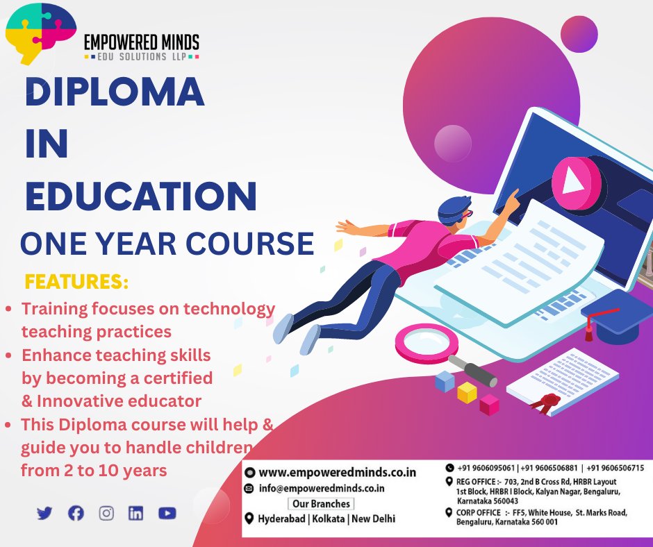 The diploma in Education programmed is developed by experienced educators and delivered through an interactive online learning platform.
#Diploma #DiplomaCourses #diplomaclass #diplomacollege #diplomaonline #technology #technologytraining #empoweredminds #Innovative_NewIndiaKe9