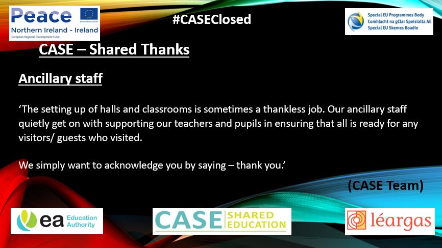 CASE - Shared Thanks    

#CASEClosed 

#SharedEd 
#teachers

<a href="/SEUPB/">SEUPB</a>
<a href="/Ed_Authority/">Education Authority</a>
<a href="/Leargas/">Léargas</a>
