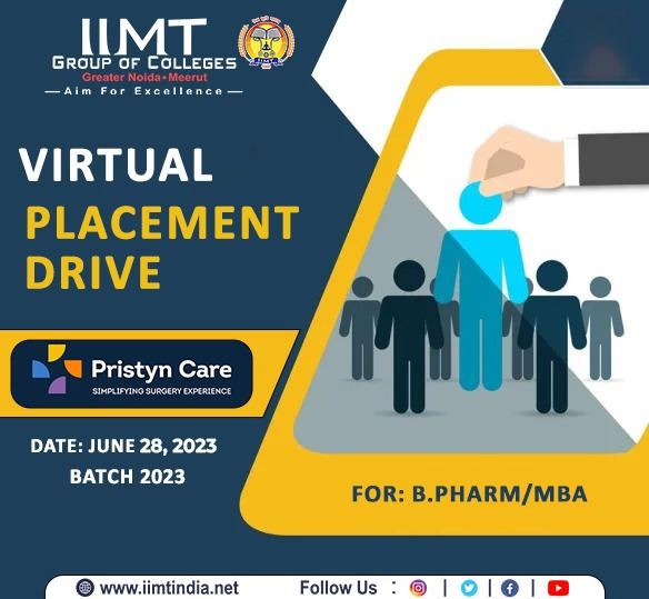 iimtnoida's tweet photo. Virtual Placement Drive for B. Pharma &amp; MBA Students, Batch-2023.
Date: June 28, 2023.
Company: Pristyan Care
https://t.co/UOh7RIbr6l
Call us: 9520886860
#IIMTIndia #iimtgroupofcolleges #MBA #ManagementCollege #CampusPlacement #BPharmaAdmission2022 #AdmissionOpenSession #MPharma https://t.co/lIog9RAVqh