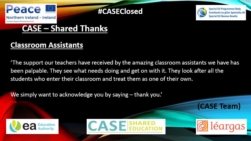 CASE - Shared Thanks      

#CASEClosed 

#SharedEd 
#teachers

<a href="/SEUPB/">SEUPB</a>
<a href="/Ed_Authority/">Education Authority</a>
<a href="/Leargas/">Léargas</a>