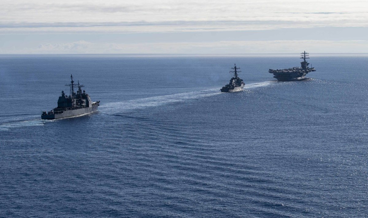 In the eastern Pacific, carrier USS NIMITZ CVN68 with Carrier Air Wing 17, cruiser BUNKER HILL CG52 and destroyer DECATUR DDG73 are approaching the US west coast nearing the end of a 7-month Western Pacific deployment. Tigers - family & friends - are aboard for the last leg