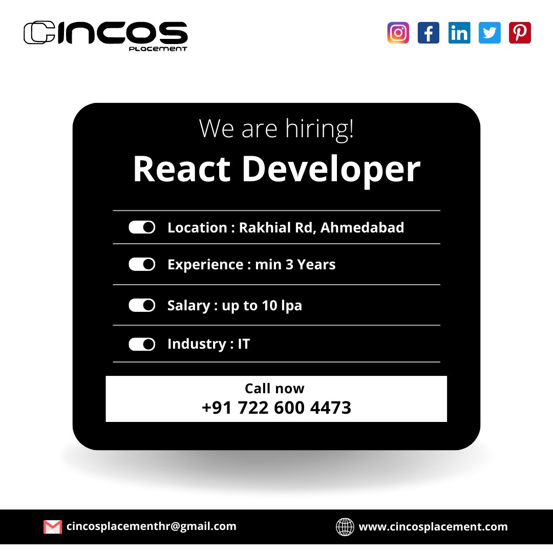 We are Hiring React Developer. Apply now!

📞 Call Now: +91 7226004473
📧 Send CV to Email: cincosplacementhr@gmail.com

#ReactDeveloper #ReactJobs #HiringReactDeveloper #FrontendJobs #JavaScriptDeveloper #ReactJobOpportunity #WebDeveloper #cincosplacement #job #jobs #cincosindia