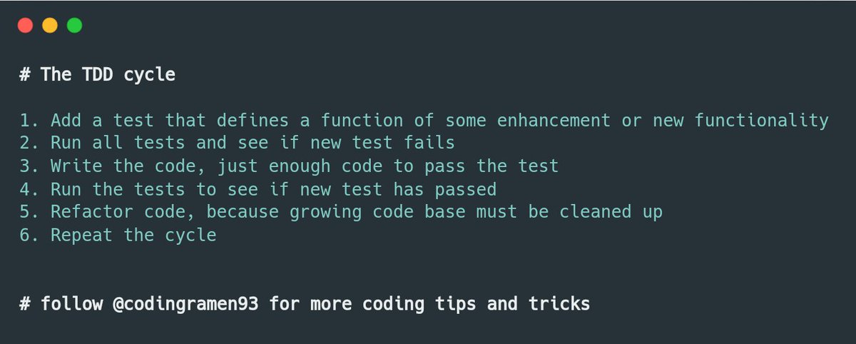 In TDD or Test Driven Development, you focus on building logic by writing failing tests and then write enough prod code to pass that test and repeat.

The output - 💯 covered code

Read the complete article - link.medium.com/fHv6YiNtZAb

#100DaysOfCode #DEVCommunity