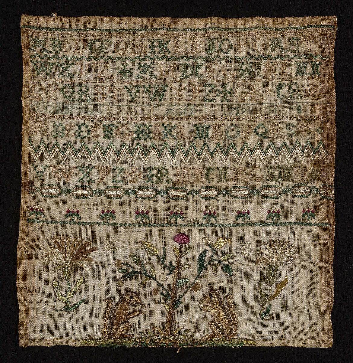Probably Boston.

Sampler, 1719.

Made by "Elizabeth Russell aged 9 in 1719." Zigzag in Irish stitch btwn 2 alphabet rows in eyelet stitch; lozenges in satin &amp;herringbone stitch, a line in Queens stitch;  squirrels in satin &amp;stem stitch.
© <a href="/mfaboston/">Museum of Fine Arts, Boston</a> #Embroidery