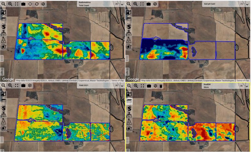 BreezyHillPAS's tweet image. Mapping soil constraints in 3D ⬇️ This @theGRDC project will be very exciting for us to learn more about our complex, undulating clay based soils in the Upper North. Gamma Radiometrics revealing yield constrained zones we’ve never been able to explain in the ‘Bus Stop’ paddock 🌱