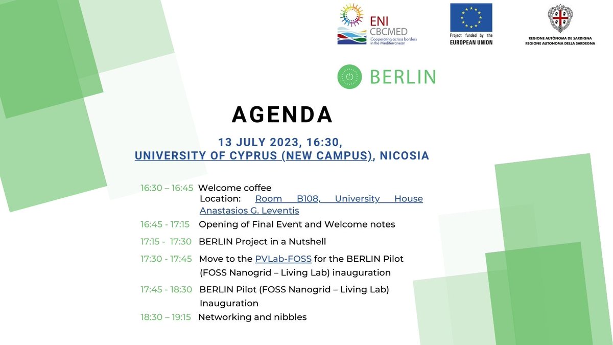 After 4 years of a hard work, BERLIN will present its great achievements at the Final Project Event
🗓️13 July 2023
⏱️ 16:30
📍   University of Cyprus (New Campus)
RSVP: forms.office.com/e/LVdAUqjGXx
@ENICBCMed 
#gomed