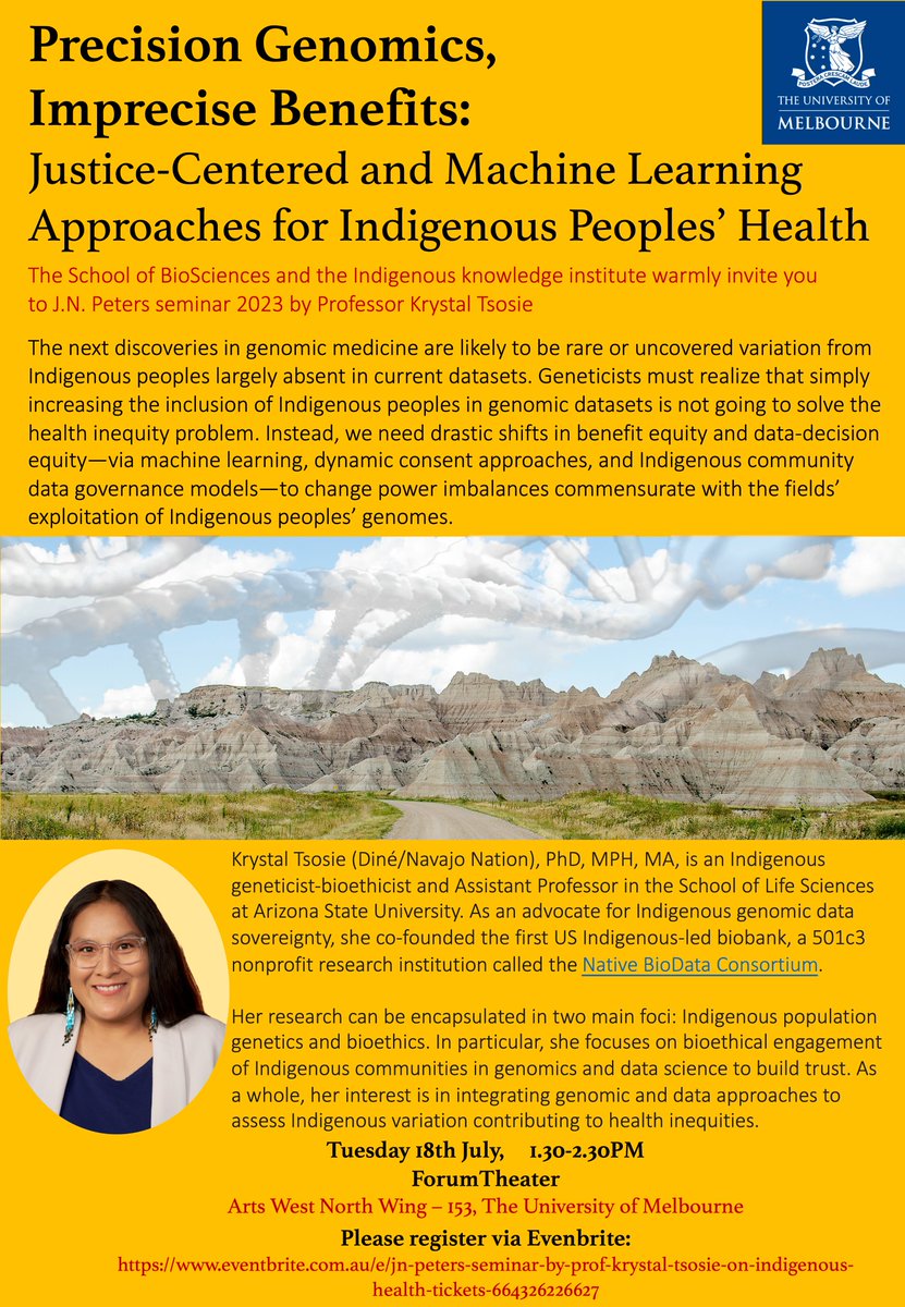 📣 Seminar alert! A very important discussion around #Genomics and #IndigenousPeoples. Prof Tsosie from the Arizona State University will talk about Justice-Centered and Machine Learning Approaches for Indigenous Peoples’ Health. 📅18th of July @UniMelb