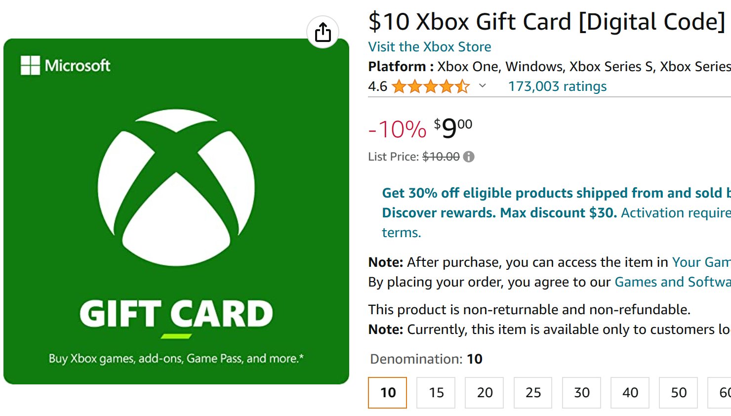  $10 Xbox Gift Card [Digital Code]