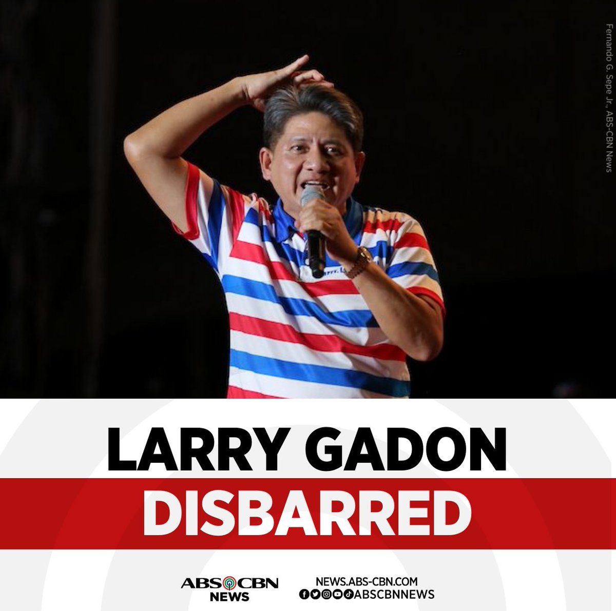 The Supreme Court voted 15-0 to disbar Atty. Larry Gadon saying it found the subject video clip, where he was cursing and uttering profane language against journalist Raissa Robles, 'indisputably scandalous that it discredits the legal profession.' READ: news.abs-cbn.com/news/06/28/23/…