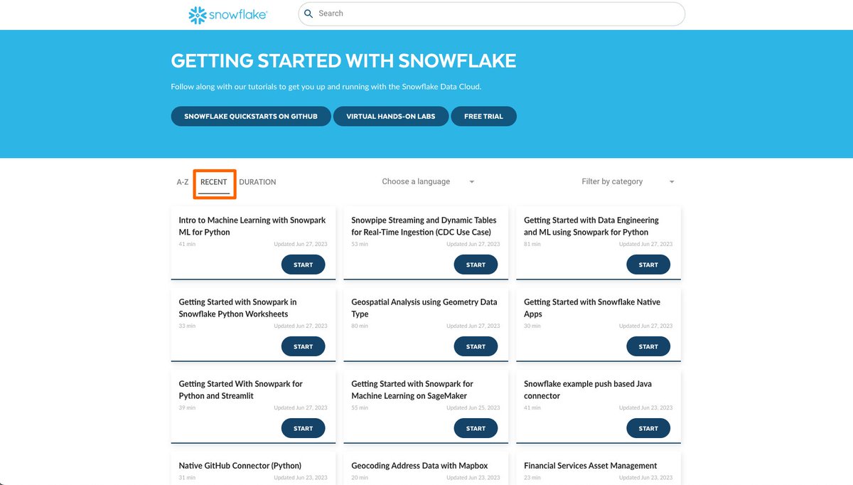 ❄️#SnowflakeSummit での発表に伴って、Snowflake Quickstartsコンテンツも多く追加/更新されています！
RECENTタブに切り替えてぜひ触ってみてください👍

Native Appは具体的なアプリ(コネクタ)も作成できますし、ML関数は新規コンテンツだけでなく既存コンテンツも更新されました！
#SnowflakeDB