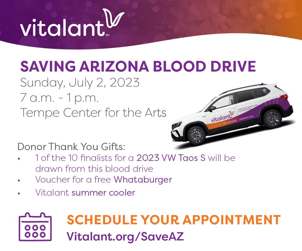 Shawn Phillips jr (@shawnphillipsj1) on Twitter photo Help <a href="/VitalantAZ/">Vitalant - Arizona</a> declare independence from blood shortages. More than 600 donors are needed at the Tempe Center for the Arts on Sunday, July 2, 7am – 1pm, at the Saving Arizona Blood Drive. Learn more & sign-up by visiting: vitalant.org/SaveAZ
#partnership <a href="/SunAngelNIL/">Sun Angel Collective</a> Help <a href="/VitalantAZ/">Vitalant - Arizona</a> declare independence from blood shortages. More than 600 donors are needed at the Tempe Center for the Arts on Sunday, July 2, 7am – 1pm, at the Saving Arizona Blood Drive. Learn more & sign-up by visiting: vitalant.org/SaveAZ
#partnership <a href="/SunAngelNIL/">Sun Angel Collective</a>