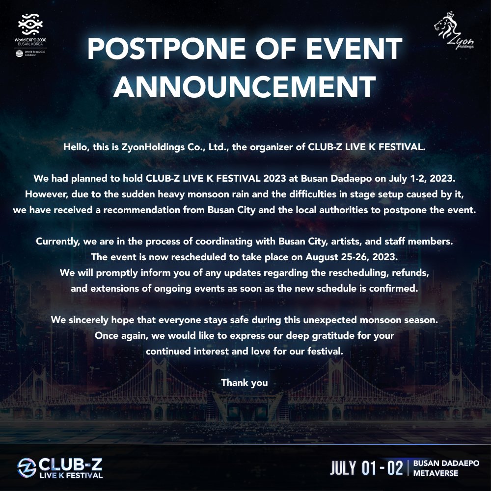 CLUB-Z LIVE K FESTIVAL Postponement Notice

Event has been rescheduled to 25-26 August 2023

#MAMAMOOplus #SOLAR #MOONBYUL
#마마무플러스 #솔라 #문별 
@RBW_MAMAMOO