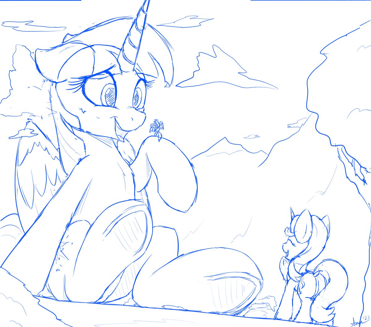 Twilight may have gone a bit overboard with that size spell. Bit off a bit more than I could chew with this one, so just a sketch for today. 
ATG Day 19: Draw a pony daydreaming / Draw a pony with their head in the clouds.