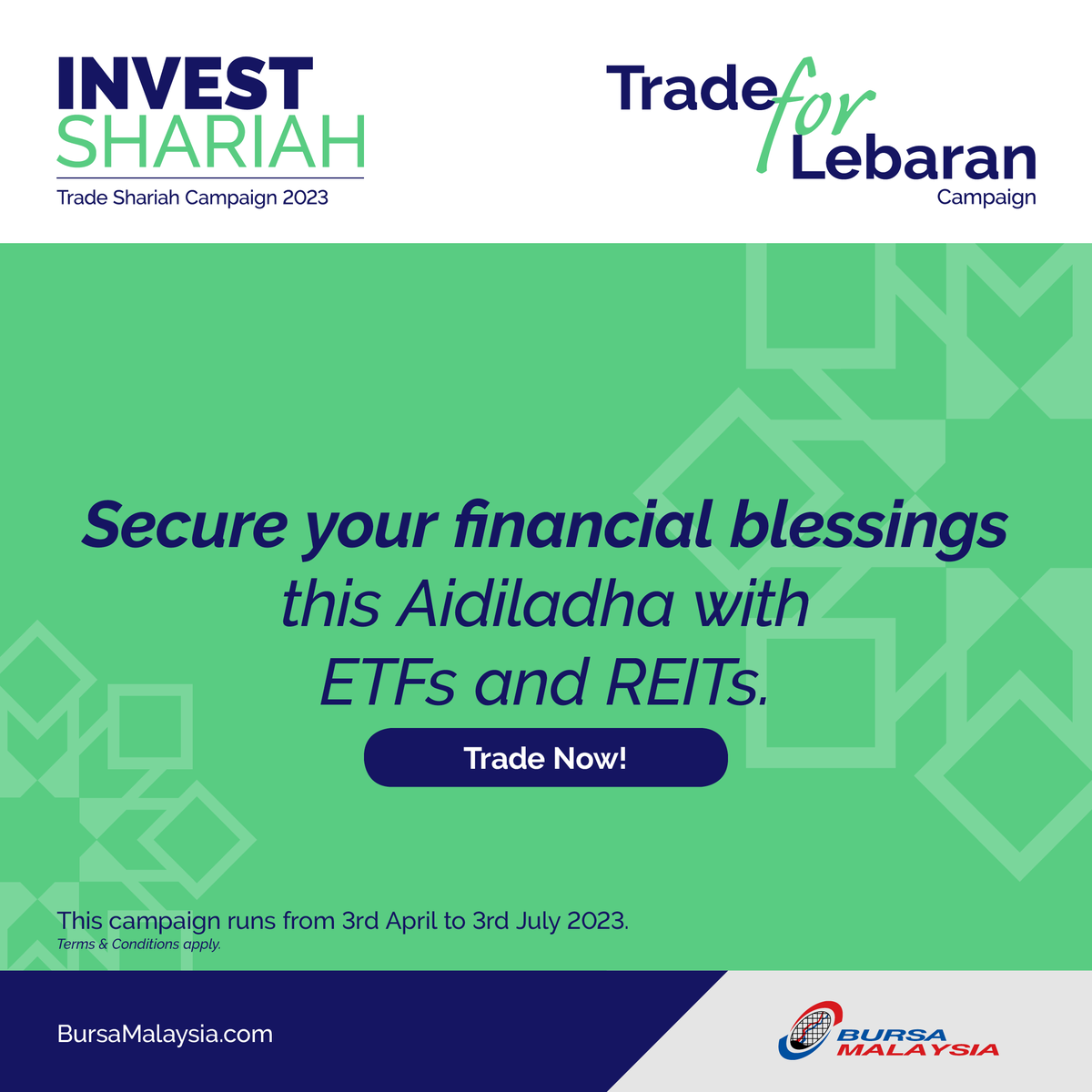 BursaMalaysia's tweet photo. ETFs and REITs offer a reliable way to build your portfolio and achieve your financial goals. Make sure to keep trading until the end!
Campaign ends soon!
#TradeforLebaranCampaign #InvestShariah #iETF #iREIT https://t.co/SCzhGGrLgd