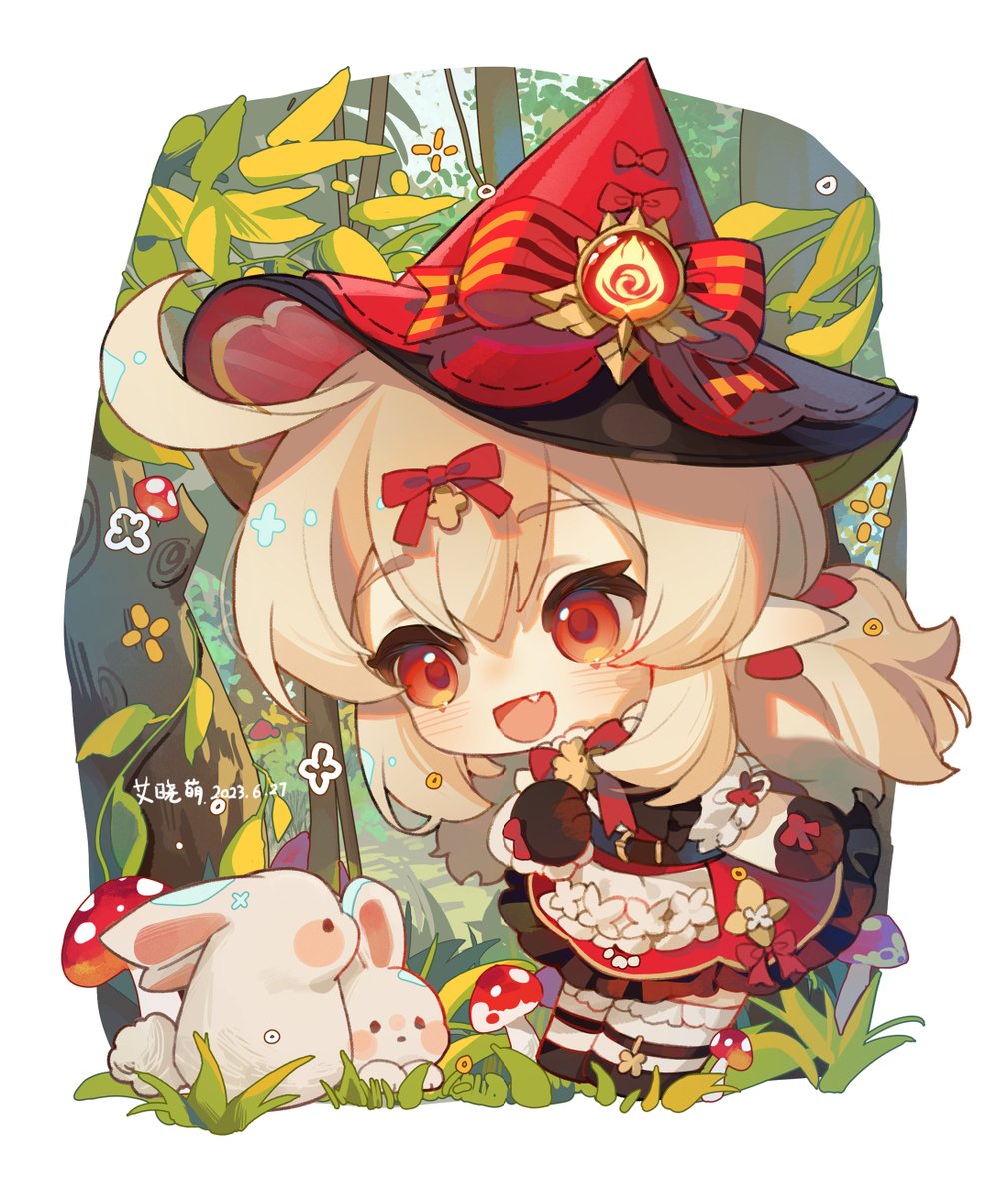 klee (genshin impact) 1girl mushroom hat witch hat chibi rabbit dress  illustration images