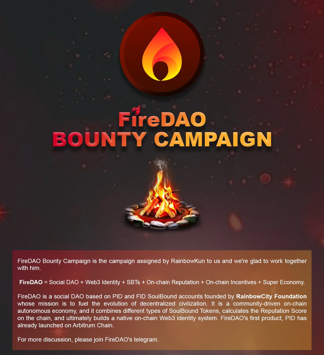 We are thrilled to announce the official launch of the FireDAO Bitcointalk Bounty Campaign. This exciting campaign will run for 4 weeks, offering a total of 3 million FLM tokens as rewards.

Don't miss it!!

Bounty Campaign Link: bitcointalk.org/index.php?topi…