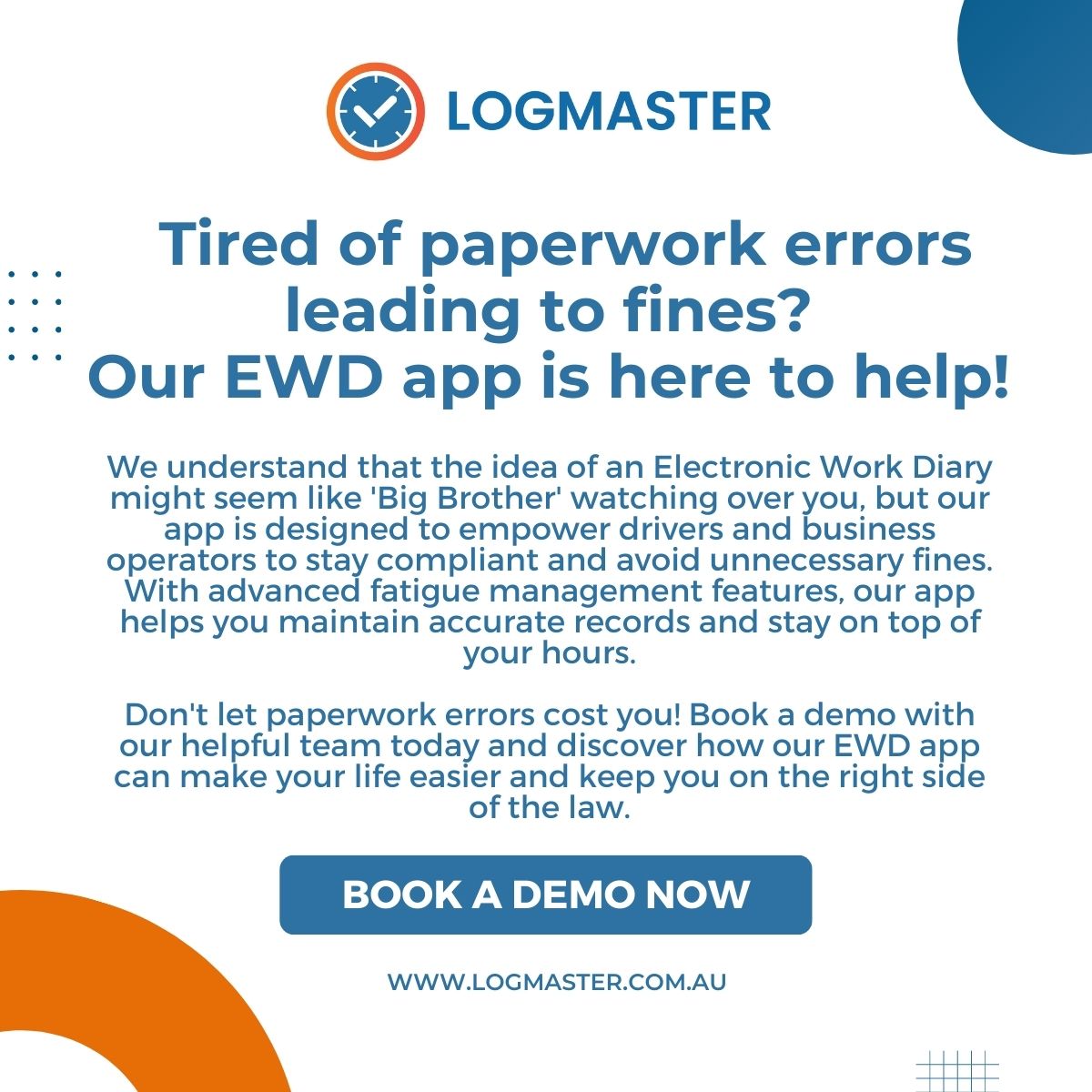 LogmasterAU's tweet image. 🚚 Tired of paperwork errors leading to fines? Our EWD app is here to help! 🛣️ For more info visit logmaster.com.au or give us a call to book a demonstration (02) 7228 6269

#EWD #transportcompliance #fleetmanagement
