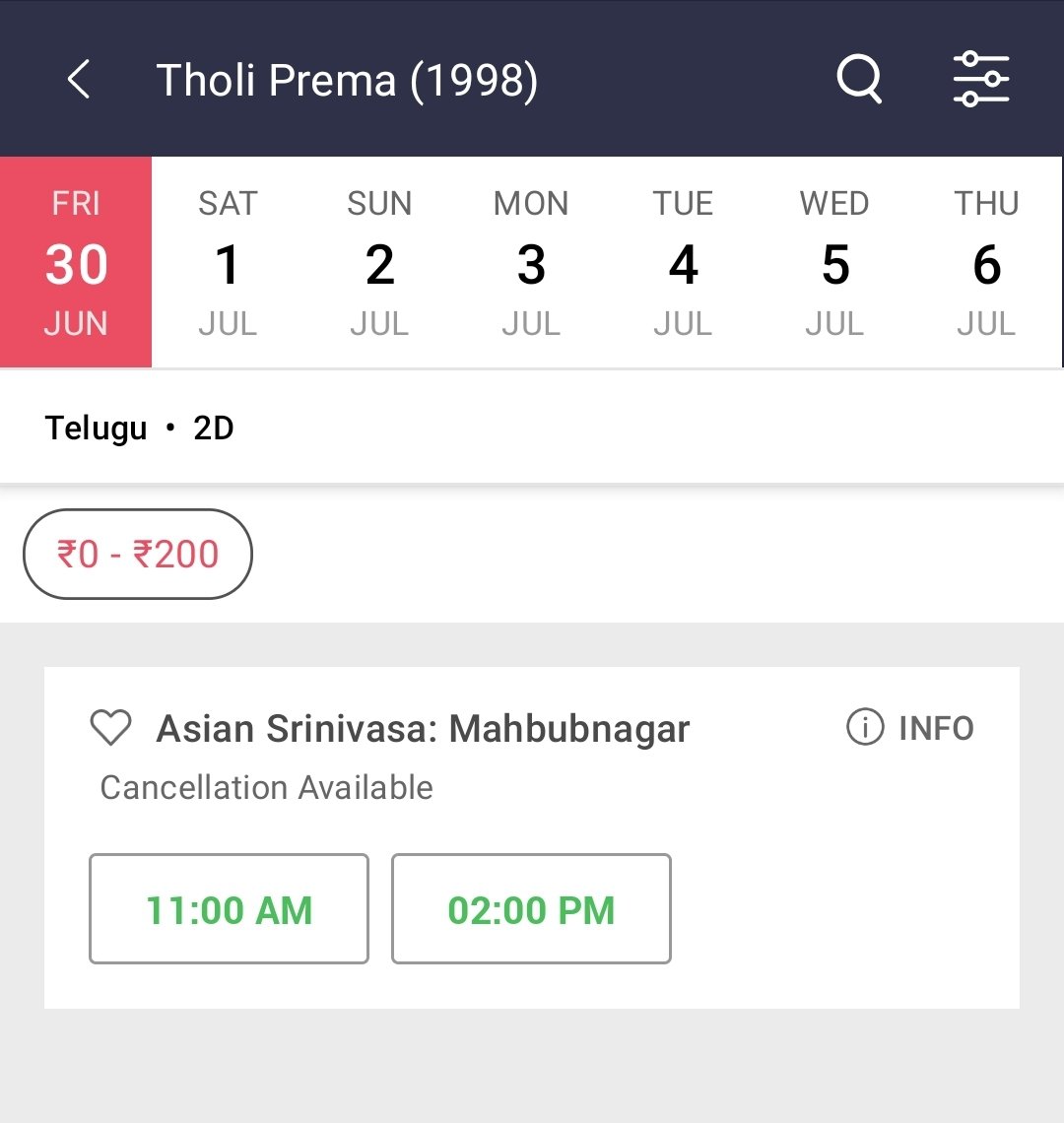 Mahbub nagar bookings opened👍👍

#TholiPrema4K
#TholiPremaReRelease