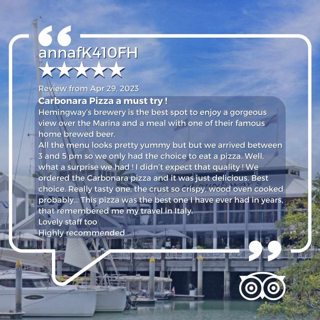 Thanks for the glowing pizza review! 🍕🍕🍕🍕🍕
.
.
.
. 
#hemingwaysbreweryfnq #hemingwaysbreweryportdouglas #fishoftheday #beerandpizza #beerswithaview #foodandbeer #foodandbeerpairing #tropicalvibes #beerinthetropics #holidaybeers #foodanddrinks #cocktailsbythesea #portdouglasr