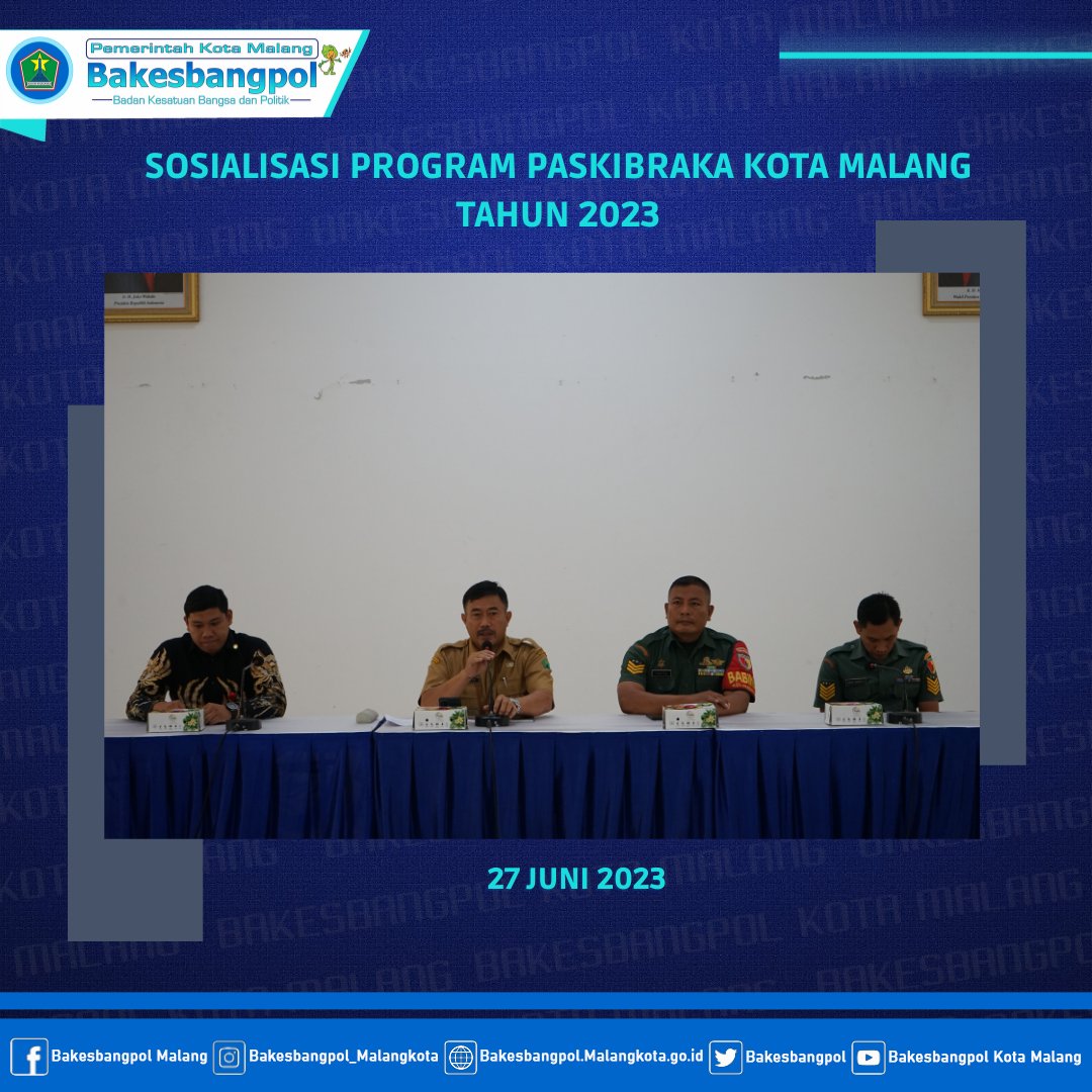 bakesbang's tweet photo. #NawakNgalam (27 Juni 2023) .
Badan Kesatuan Bangsa dan Politik Kota Malang menggadakan Sosialisasi Program Paskibraka Kota Malang Tahun 2023. Acara di hadiri oleh paskibraka dan para orang tua. Acara dilaksanakan di Mini Block Office Balaikota Kota Malang https://t.co/EIjVlUFFkj
