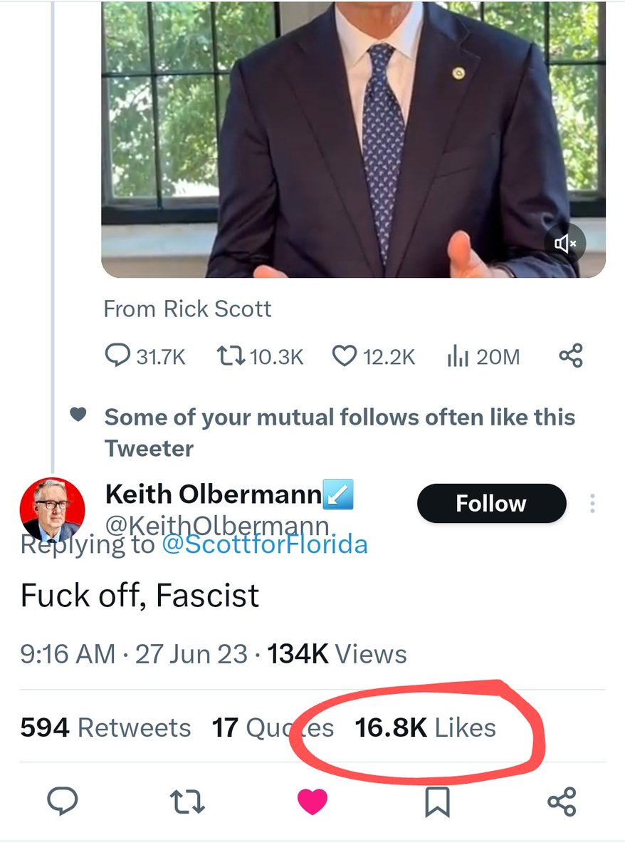 Lol. Rick Scott's most viewed tweet ever and he got ratio'd hard af by @KeithOlbermann 

Can't wait to see #RedTideRick get indicted for corruption.