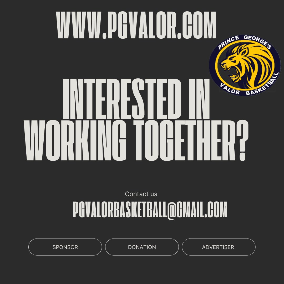 Let’s talk about it! Send us an email today and let’s get the conversation started. The 2023 season is fast approaching. Please share with others who may be interested. Thank you in advance.
#pgvalorbball #pgvalor #pgvalorsponsorship #letsgo <a href="/marylandliveOC/">Maryland Live Online</a> <a href="/BowieState/">Bowie State University</a>