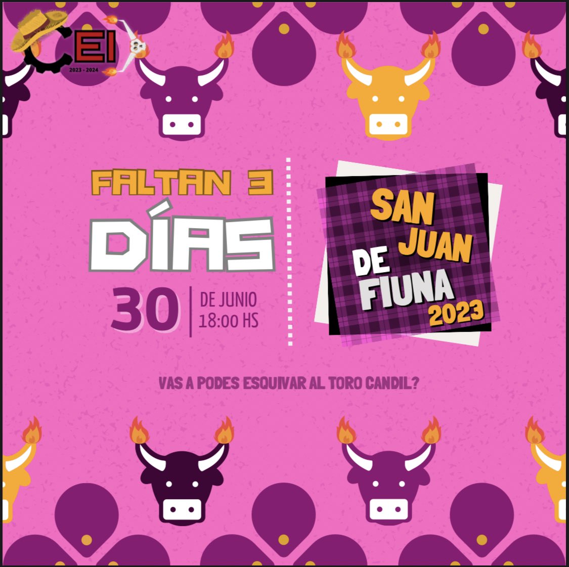 Faltan 3 días para probar si podes esquivar a nuestro toro candil🐂🔥
No faltes a esta Fiesta Nacional tan esperada, para pasar increible entre compañeros y amigos💥✨