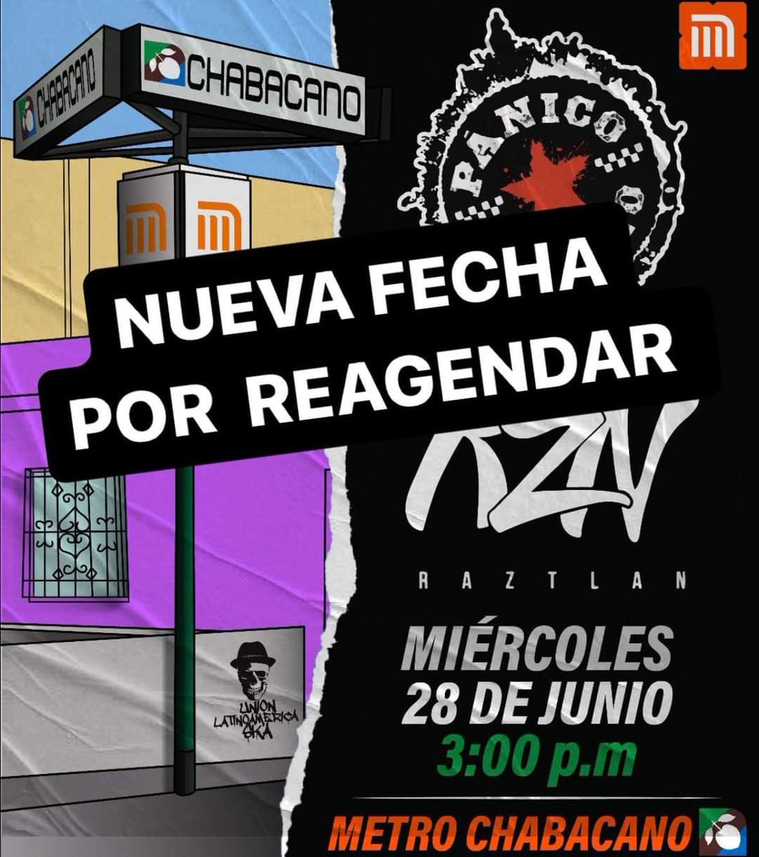 Hola a todos debido a la fuerte convocatoria para el show del próximo 28 de junio en el Metro Chabacano, se reagendará la fecha.
Los organizadores nos sugieren un lugar más adecuado para llevar a cabo el show para la comodidad y seguridad de todos ustedes y los usuarios del metro