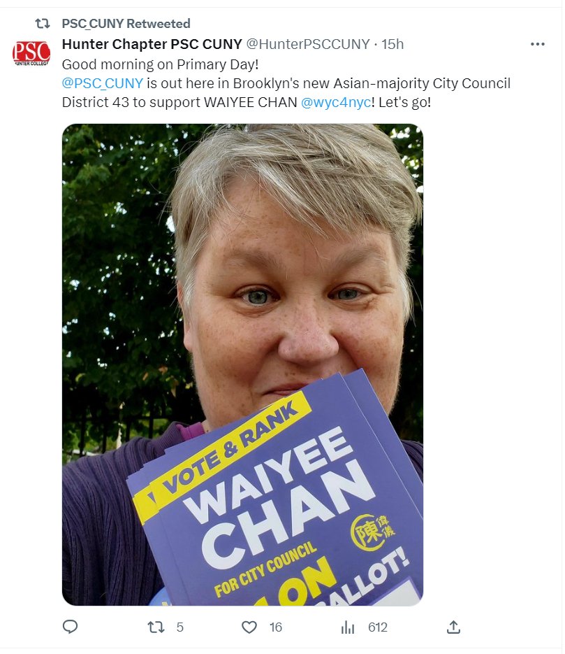 Only candidate mentioned on CUNY faculty union @PSC_CUNY's Election-Day twitter feed was Wai Yee Chan (whose acceptance of the PSC's endorsement generated controversy in new Brooklyn district w/pockets of Jewish voters).
NYT has called race for Chan's major opponent. https://t.co/J4ciiFAlse