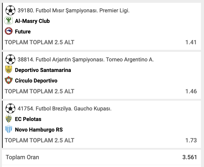 Günün kuponu 👇

Mısır + Arjantin + Brezilya @ 3.56

Şans bizimle olsun, bol şanslar. 👉 ❤️