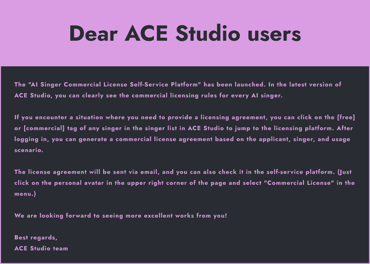 ACE Studio timedomAIn on Twitter "Our "AI Singer Commercial License