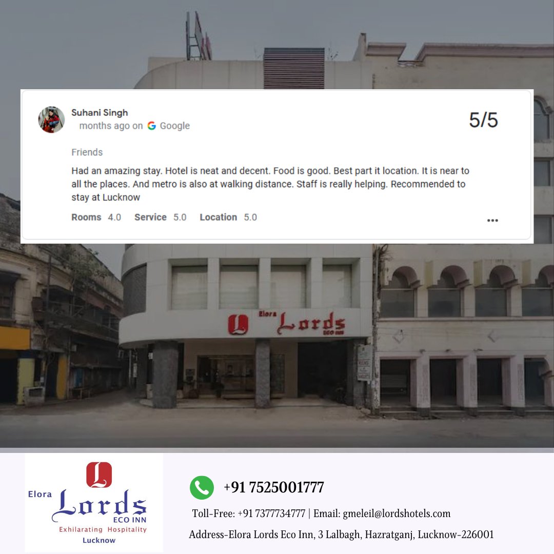 Thank you for taking the time to write such valuable feedback. Looking forward to being at your service again.

#LordsHotels #guestreview #guestfeedback #satisfaction #Lucknow  #perfectdestination #comfortstay #businesswithlords #funsummerswithlords #welcome