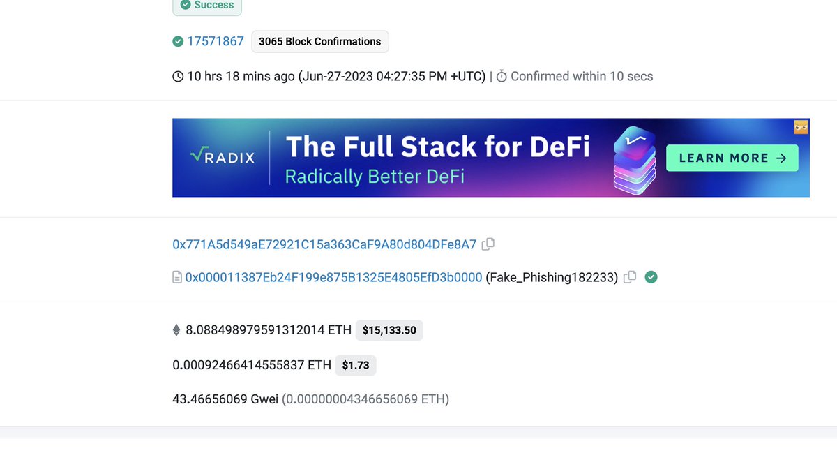 and 8.08 ETH with `Claim` phishing

victim: 0x771A5d549aE72921C15a363CaF9A80d804DFe8A7

etherscan.io/tx/0x446adb9d0…